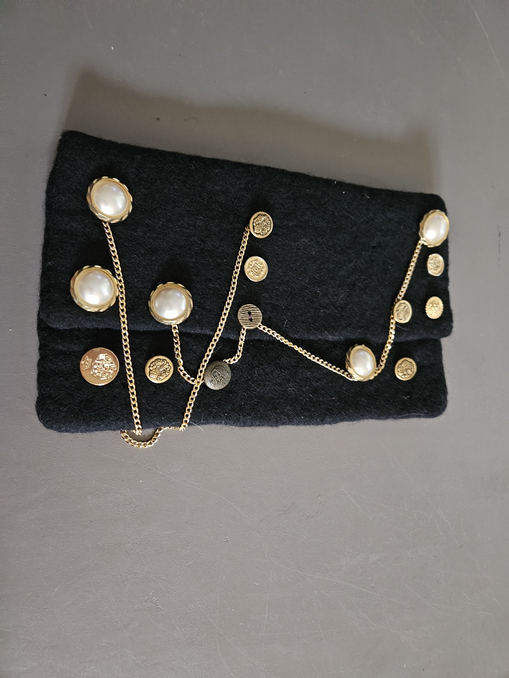 Black Pearl and gold Embellished Wool Clutch